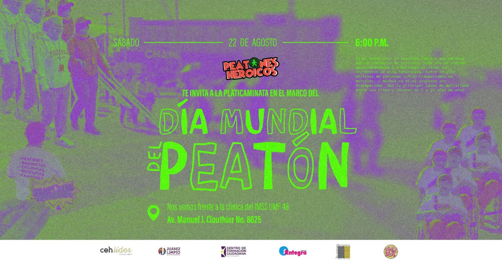 Invitan a ciudadanía a participar en charla y caminata por el Día Mundial del Peatón